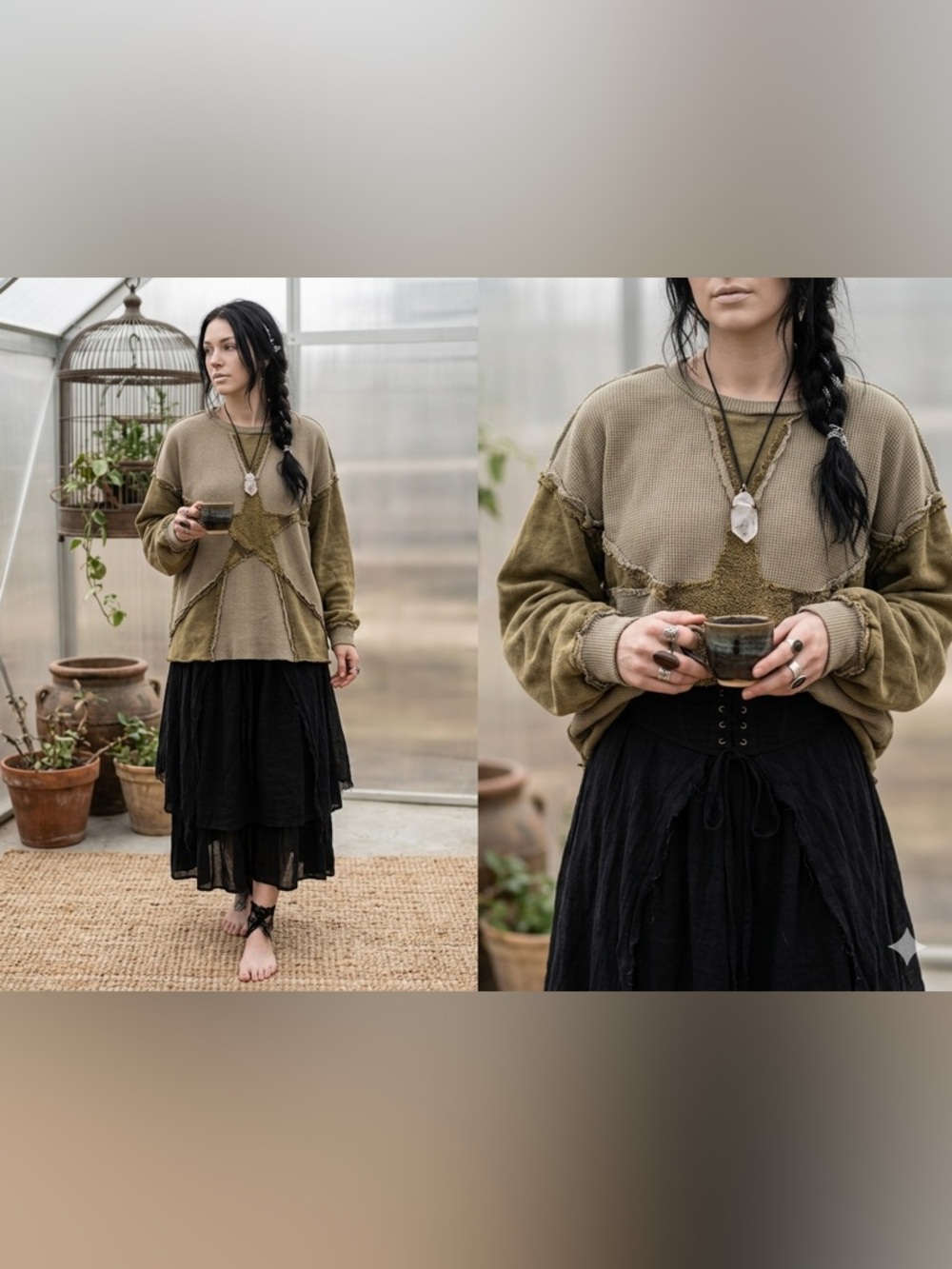 Oli & Hali‎ Washed Star Crewneck Top S green whymsigoth fairytale cottagecore